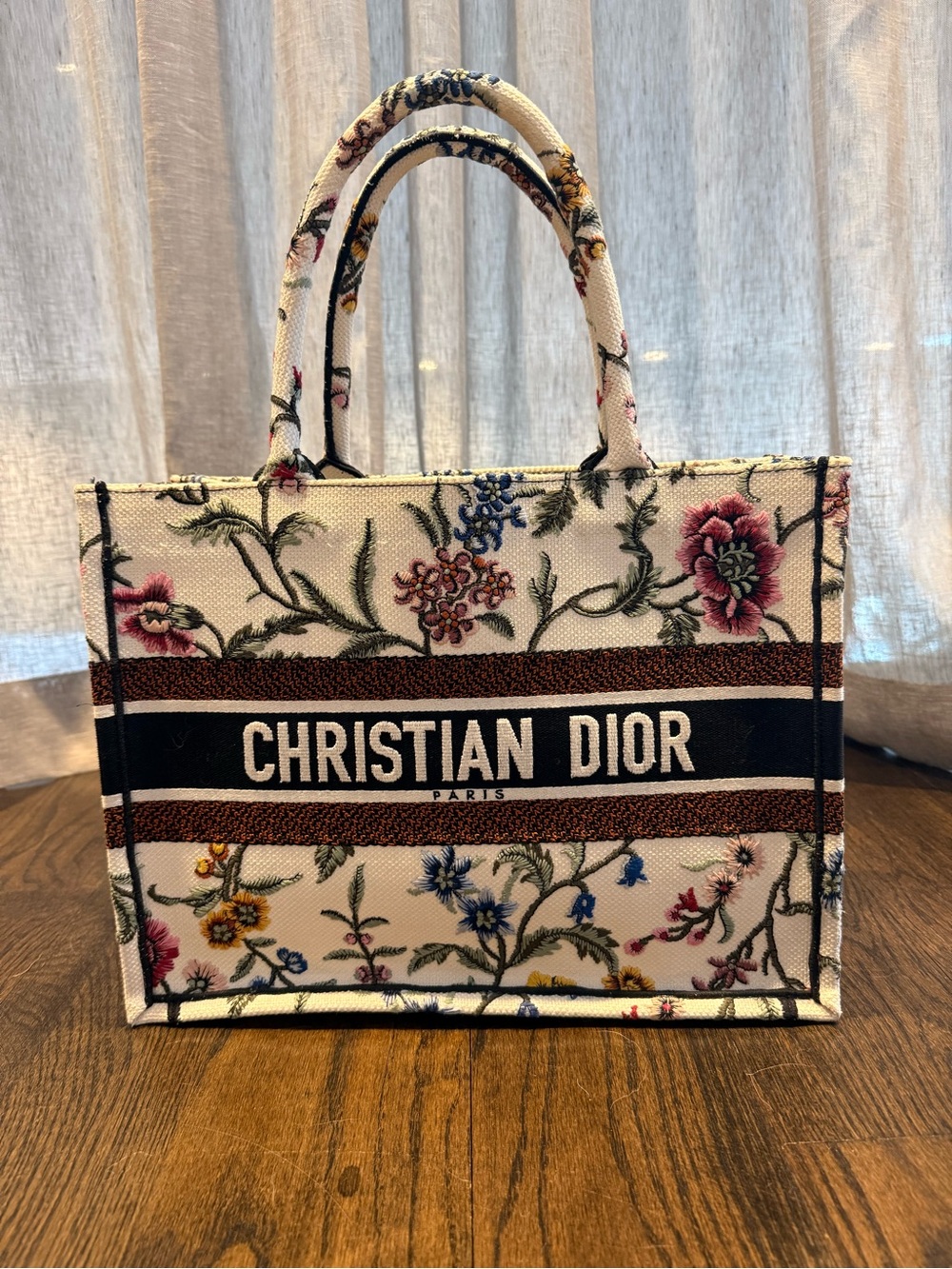Dior White Floral Embroidered Logo Tote